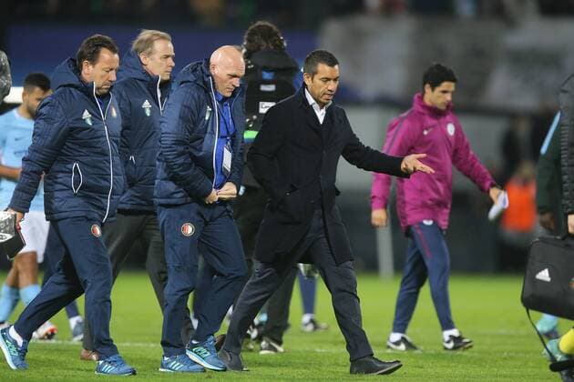 assistant trainer Jean-Paul van Gastel of Feyenoord, assistant trainer Jan Wouters of Feyenoord, coach Giovanni van Bronckhorst during the UEFA Champions League group F match between Feyenoord Rotterdam and Manchester City at the Kuip on September 13, 2017 in Rotterdam, The Netherlands UEFA Champions League 2017 2018 xVIxVIxImagesx xTomxBodexMultimediaxIVx 8735314