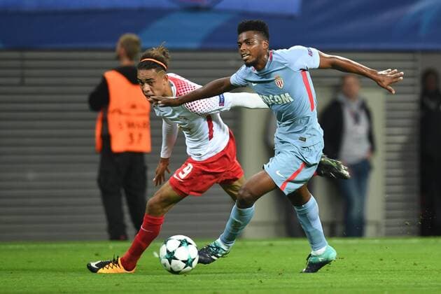 Football men Season 2017 2018 Champions League Group G 1 Matchday RB Leipzig AS Monaco Yussuf Poulsen No 9 RB Leipzig Jemerson No 5 AS Monaco 13 09 2017 Copyright: xMatthiasxKochx