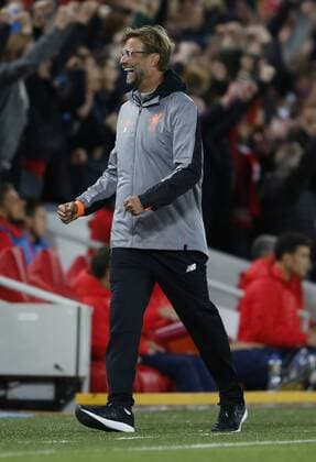 Jurgen Klopp manager of Liverpool celebrates the second goal during the Champions League Group E match at the Anfield Stadium, Liverpool. Picture date 13th September 2017. Picture credit should read: Simon Bellis Sportimage EDITORIAL USE ONLY. No use with unauthorised audio, video, data, fixture lists, club league logos or live services. Online in-match use limited to 120 images, no video emulation. No use in betting, games or single club league player publications.