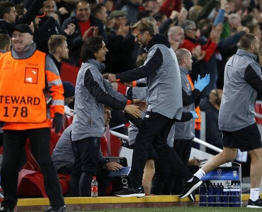 Jurgen Klopp manager of Liverpool celebrates the second goal during the Champions League Group E match at the Anfield Stadium, Liverpool. Picture date 13th September 2017. Picture credit should read: Simon Bellis Sportimage EDITORIAL USE ONLY. No use with unauthorised audio, video, data, fixture lists, club league logos or live services. Online in-match use limited to 120 images, no video emulation. No use in betting, games or single club league player publications.