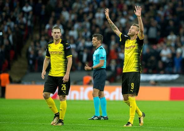 Andriy Yarmolenko of Borussia Dortmund celebrates scoring the equalising goal during the UEFA Champions League group stage match between Tottenham Hotspur and Borussia Dortmund at Wembley Stadium, London, England on 13 September 2017. Copyright: xVincexMignottx 16640020