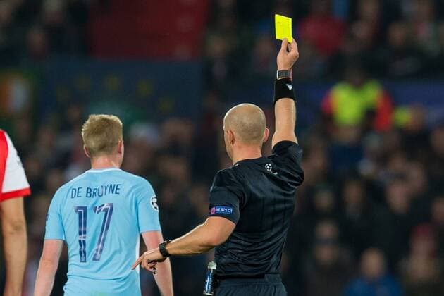 Rotterdam Netherlands 08 03 2017 UEFA Champions League 2017 18 Season Group stage Group F 1 Matchday Feyenoord Rotterdam Manchester City Kevin de Bruyne Mance gets The Yellow Card DeFodi001
