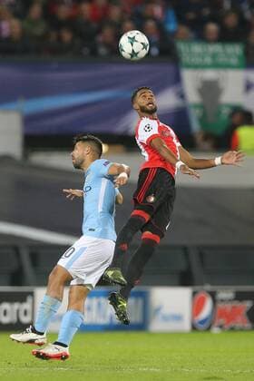 Sergio Aguero of Manchester City, Jeremiah St. Juste of Feyenoord during the UEFA Champions League group F match between Feyenoord Rotterdam and Manchester City at the Kuip on September 13, 2017 in Rotterdam, The Netherlands UEFA Champions League 2017 2018 xVIxVIxImagesx xTomxBodexMultimediaxIVx 8735479