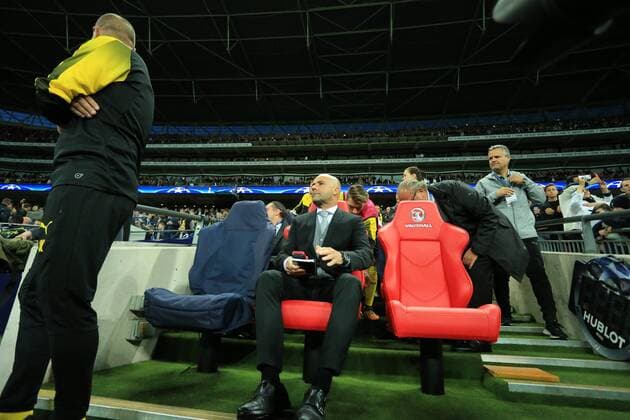 13th September 2017, Wembley Stadium, London, England; Champions League Group stage, Tottenham Hotspur versus Borussia Dortmund; Borussia Dortmund Manager Peter Bosz watches from the dugout  ActionPlus11929747