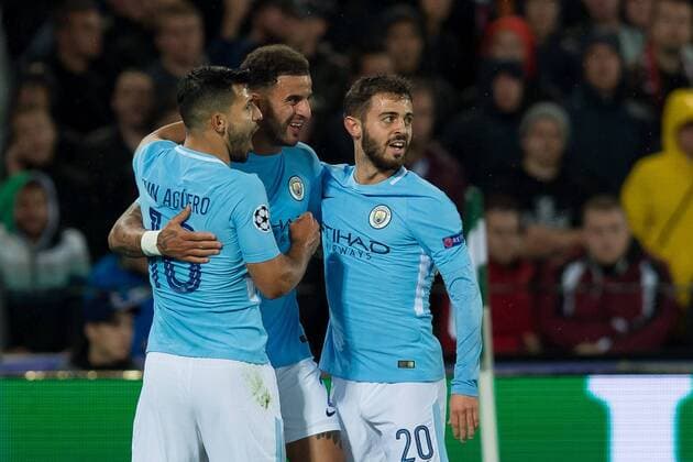 Rotterdam Netherlands 08 03 2017 UEFA Champions League 2017 18 Season Group stage Group F 1 Matchday Feyenoord Rotterdam Manchester City cheering to Sergio Agüero Mance After the Results to 0 2 DeFodi001