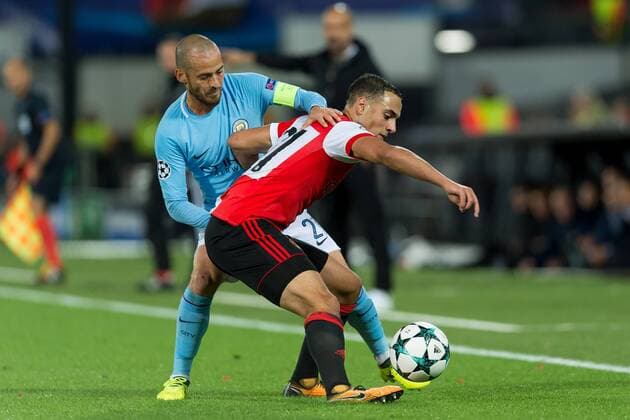 Rotterdam Netherlands 08 03 2017 UEFA Champions League 2017 18 Season Group stage Group F 1 Matchday Feyenoord Rotterdam Manchester City David Silva Mance and Sofyan Amrabat Rotterdam in duel DeFodi001