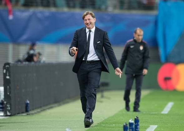 happiness After the goal to 1 0 Head coach Ralph Hasenhuettl l pleased to ueber the Results Football International UEFA Champions League Season 2017 2018 Group game RB Leipzig AS Monaco FC in Leipzig Germany at 13 09 2017