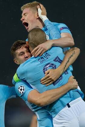 Rotterdam Netherlands 08 03 2017 UEFA Champions League 2017 18 Season Group stage Group F 1 Matchday Feyenoord Rotterdam Manchester City cheering to John Stones Mance r After the Results to 0 1 Kevin de Bruyne Mance and David Silva Mance DeFodi001