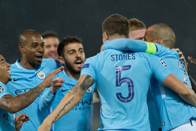Rotterdam Netherlands 08 03 2017 UEFA Champions League 2017 18 Season Group stage Group F 1 Matchday Feyenoord Rotterdam Manchester City cheering to John Stones Mance After the Results to 0 1 DeFodi001