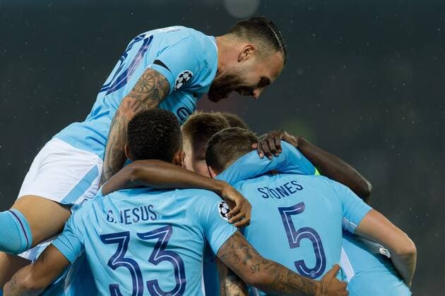Rotterdam Netherlands 08 03 2017 UEFA Champions League 2017 18 Season Group stage Group F 1 Matchday Feyenoord Rotterdam Manchester City cheering to John Stones Mance After the Results to 0 1 DeFodi001