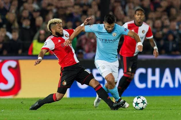 Rotterdam Netherlands 08 03 2017 UEFA Champions League 2017 18 Season Group stage Group F 1 Matchday Feyenoord Rotterdam Manchester City Tonny Vilhena Rotterdam and Sergio Agüero Mance in duel DeFodi001
