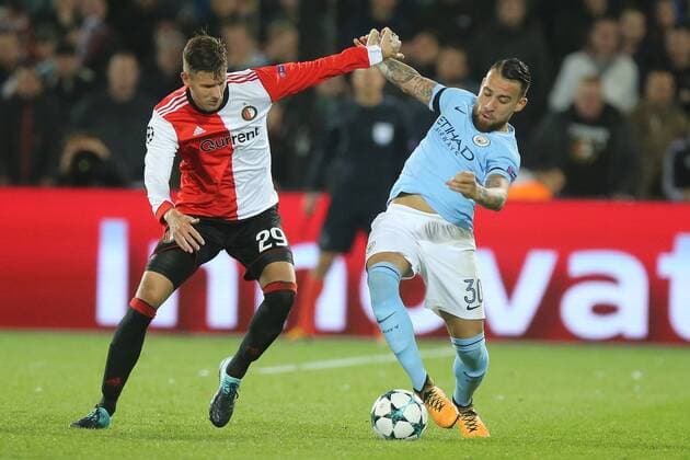 Michiel Kramer of Feyenoord, Nicolas Otamendi of Manchester City during the UEFA Champions League group F match between Feyenoord Rotterdam and Manchester City at the Kuip on September 13, 2017 in Rotterdam, The Netherlands UEFA Champions League 2017 2018 xVIxVIxImagesx xTomxBodexMultimediaxIVx 8735589