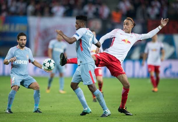 Vl Joao Moutinho ASM Jemerson ASM and Yussuf Poulsen l Football International UEFA Champions League Season 2017 2018 Group game RB Leipzig AS Monaco FC in Leipzig Germany at 13 09 2017