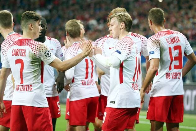 RB Leipzig Monaco Football Champions League Leipzig 13 09 2017 Red Bull Arena Football UEFA Champions League Group G 1 Matchday RB Leipzig vs AS Monaco goal for RB Leipzig goal celebration After the Results to 1 0 through Scorer Emil Forsberg 10 right RB Leipzig with Marcel Sabitzer 7 left RB Leipzig