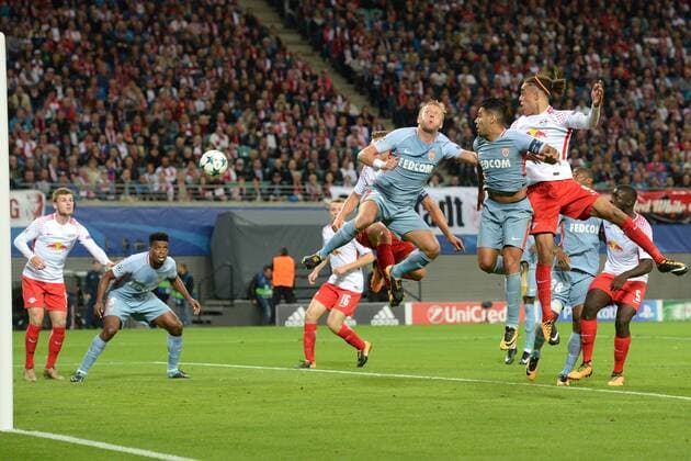 Football men Season 2017 2018 Champions League Group G 1 Matchday RB Leipzig AS Monaco Timo Werner No 11 RB Leipzig Jemerson No 5 AS Monaco Kamil Glik No 25 AS Monaco Radamel Falcao No 9 AS Monaco Yussuf Poulsen No 9 RB Leipzig 13 09 2017 Copyright: xMatthiasxKochx