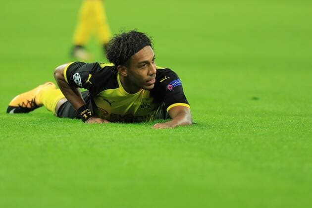 13th September 2017, Wembley Stadium, London, England; Champions League Group stage, Tottenham Hotspur versus Borussia Dortmund; Pierre-Emerick Aubameyang of Borussia Dortmund falls to the pitch  ActionPlus11929807