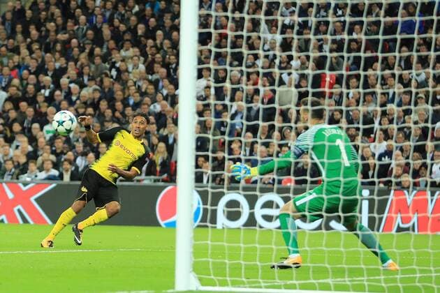 13th September 2017, Wembley Stadium, London, England; Champions League Group stage, Tottenham Hotspur versus Borussia Dortmund; Pierre-Emerick Aubameyang of Borussia Dortmund scores but it is disallowed for offside  ActionPlus11929808