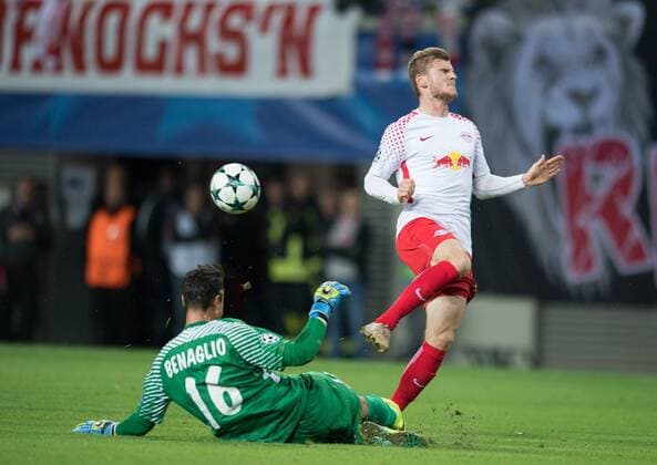 Goalkeeper Diego Benaglio ASM clears the Ball before Timo Werner l Football International UEFA Champions League Season 2017 2018 Group game RB Leipzig AS Monaco FC in Leipzig Germany at 13 09 2017