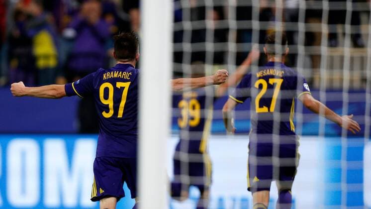 SOCCER - CL, Maribor vs Spartak MARIBOR,SLOVENIA,13.SEP.17 - UEFA Champions League, group stage, NK Maribor vs FK Spartak Moscow. Image shows the rejoicing of Martin Kramaric, Jasmin Mesanovic and Damjan Bohar (Maribor). GEPAxpictures xDavidxRodriguez