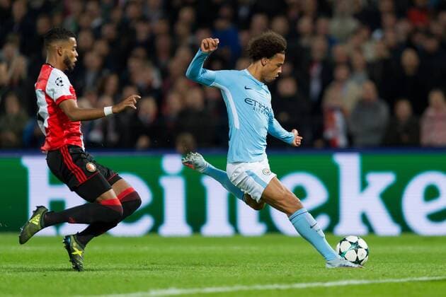 Rotterdam Netherlands 08 03 2017 UEFA Champions League 2017 18 Season Group stage Group F 1 Matchday Feyenoord Rotterdam Manchester City Jeremiah St Juste Rotterdam and Leroy Sane Mance in duel DeFodi001