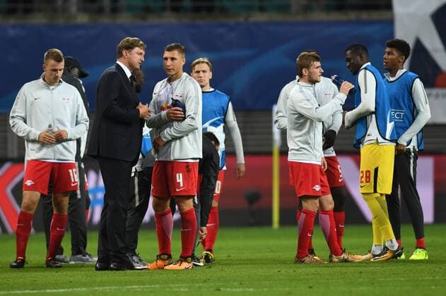 Football men Season 2017 2018 Champions League Group G 1 Matchday RB Leipzig AS Monaco Lukas Klostermann No 16 RB Leipzig Head coach Ralph Hasenhüttl RB Leipzig Willi Orban No 4 RB Leipzig Emil Forsberg No 10 RB Leipzig Timo Werner No 11 RB Leipzig and TW Yvon Mvogo No 28 RB Leipzig After the Played 13 09 2017 Copyright: xMatthiasxKochx
