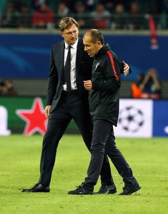 team manager Ralph Hasenhüttl team manager Leonardo Jardim After Game over Sports Football Football UEFA CL Champions League men Season 2017 2018 13 09 2017 RB Leipzig RBL vs AS Monaco