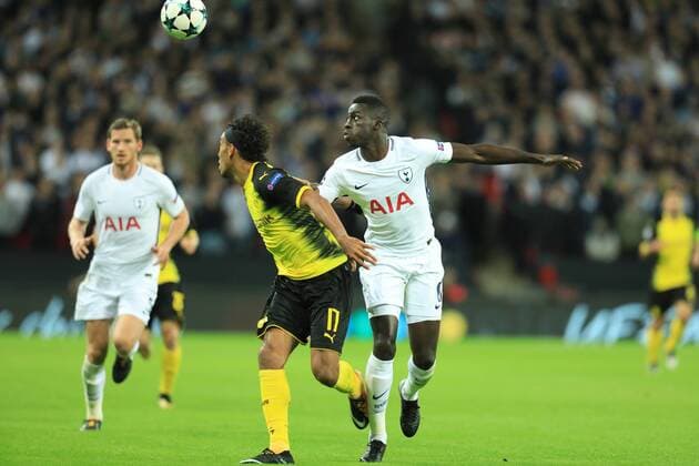 13th September 2017, Wembley Stadium, London, England; Champions League Group stage, Tottenham Hotspur versus Borussia Dortmund; David Sanchez of Tottenham Hotspur man marks Pierre-Emerick Aubameyang of Borussia Dortmund  ActionPlus11929815