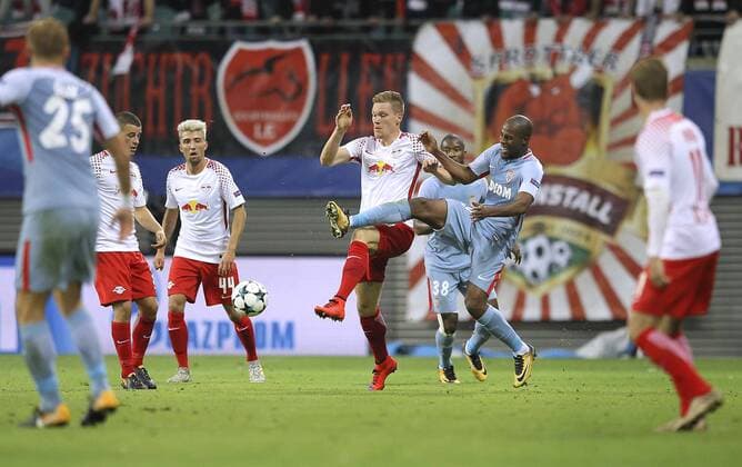 Photo Marcel Halstenberg against Youri Tielemans Monaco Football Champions League at Wed 13 09 2017 Group game BRB Leipzig AS Monaco 1 1