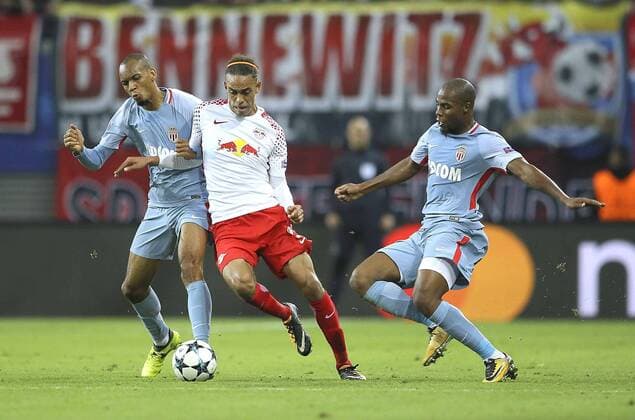 Photo Yussuf Poulsen against Youri Tielemans Monaco Football Champions League at Wed 13 09 2017 Group game BRB Leipzig AS Monaco 1 1