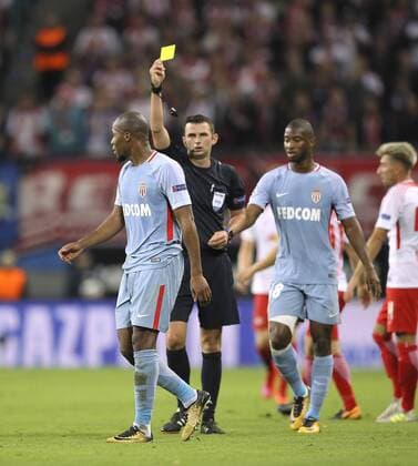 Photo Djibril Sidibe Monaco Yellow Card from ref Michael Oliver tight Football Champions League at Wed 13 09 2017 Group game BRB Leipzig AS Monaco 1 1