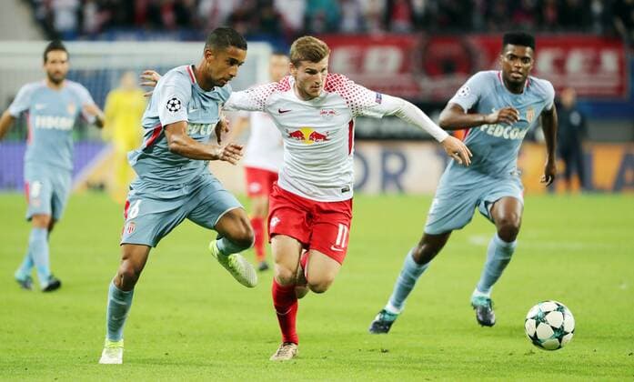 RB Leipzig Monaco Football Champions League Leipzig 13 09 2017 Red Bull Arena Football UEFA Champions League Group G 1 Matchday RB Leipzig vs AS Monaco in Picture from left Jorge 6 Monaco Emil Forsberg 10 RB Leipzig and Jemerson 5 Monaco
