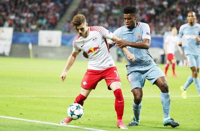 RB Leipzig Monaco Football Champions League Leipzig 13 09 2017 Red Bull Arena Football UEFA Champions League Group G 1 Matchday RB Leipzig vs AS Monaco 1 1 1 1 in Picture from left Marcel Sabitzer 7 RB Leipzig and Jemerson 5 Monaco