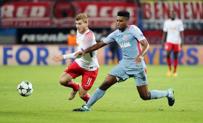 RB Leipzig Monaco Football Champions League Leipzig 13 09 2017 Red Bull Arena Football UEFA Champions League Group G 1 Matchday RB Leipzig vs AS Monaco 1 1 1 1 in Picture from left Emil Forsberg 10 RB Leipzig and Jemerson 5 Monaco