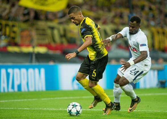 Jeremy Toljan of Borussia Dortmund battles with Serge Aurier of Tottenham Hotspur during the UEFA Champions League group stage match between Tottenham Hotspur and Borussia Dortmund at Wembley Stadium, London, England on 13 September 2017. Copyright: xVincexMignottx 16640036