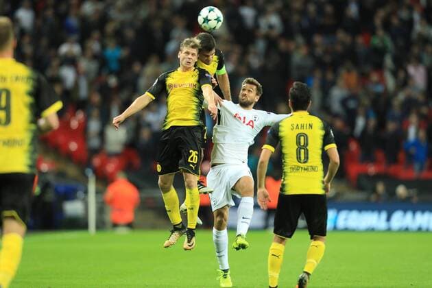13th September 2017, Wembley Stadium, London, England; Champions League Group stage, Tottenham Hotspur versus Borussia Dortmund; Fernando Llorente of Tottenham Hotspur battles with & x141;ukasz Piszczek of Borussia Dortmund  ActionPlus11929853