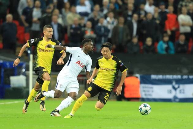 13th September 2017, Wembley Stadium, London, England; Champions League Group stage, Tottenham Hotspur versus Borussia Dortmund; Serge Aurier of Tottenham Hotspur takes on Shinji Kagawa of Borussia Dortmund  ActionPlus11929858
