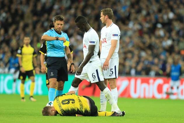 13th September 2017, Wembley Stadium, London, England; Champions League Group stage, Tottenham Hotspur versus Borussia Dortmund; Jan Vertonghen of Tottenham Hotspur sees his first yellow card  ActionPlus11929861