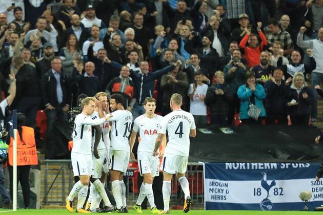 13th September 2017, Wembley Stadium, London, England; Champions League Group stage, Tottenham Hotspur versus Borussia Dortmund; Harry Kane of Tottenham Hotspur celebrates with team mates after scoring making it 3-1  ActionPlus11929864