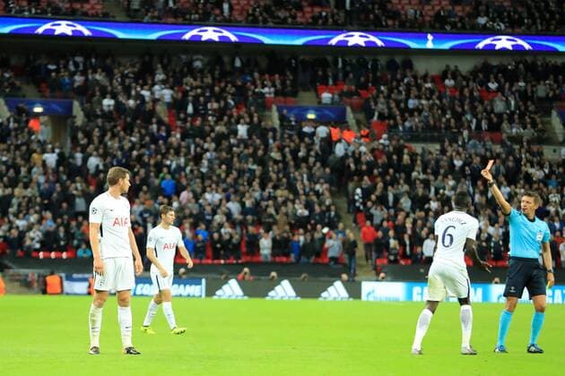 13th September 2017, Wembley Stadium, London, England; Champions League Group stage, Tottenham Hotspur versus Borussia Dortmund; Jan Vertonghen of Tottenham Hotspur is shown a red card  ActionPlus11929875
