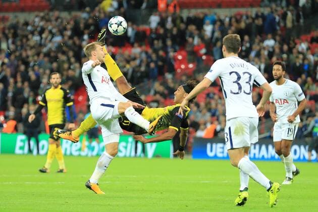13th September 2017, Wembley Stadium, London, England; Champions League Group stage, Tottenham Hotspur versus Borussia Dortmund; Pierre-Emerick Aubameyang of Borussia Dortmund goes for an over head kick  ActionPlus11929876