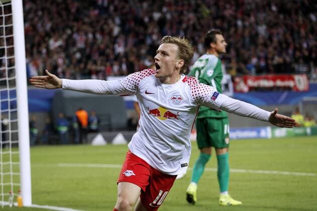 Forsberg Emil team RB Leipzig cheering After his goal to 1 0 Champions League Group G Season 2017 2018 Game RB Leipzig AS Monaco 1 1 at 13 September 2017 in Arena Leipzig