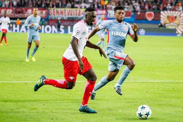 v left Jean Kevin Augustin RB Leipzig 29 Jemerson de Jesus Nascimento AS Monaco 5 Run duel Football Men UEFA Champions League RB Leipzig AS Monaco xprx