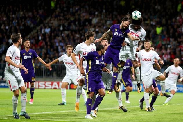 September 13, 2017 - Maribor, Slovenia, Slovenia - Marko Suler of NK Maribor challenges Luis Adriano of Spartak Moskva during the UEFA Champions League Group E match between NK Maribor and Spartak Moskva at Stadion Ljudski Vrt adio on September 13, 2017 in Maribor, Slovenia. NK Maribor v Spartak Moskva - UEFA Champions League  - ZUMAn230 20170913_zaa_n230_343 Copyright: xDamjanxZibertx