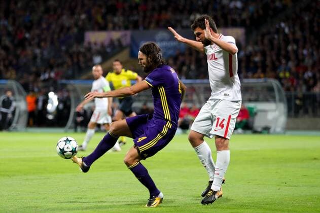 September 13, 2017 - Maribor, Slovenia, Slovenia - Marko Suler of NK Maribor challenges Georgi Dzhikiya of Spartak Moskva during the UEFA Champions League Group E match between NK Maribor and Spartak Moskva at Stadion Ljudski Vrt adio on September 13, 2017 in Maribor, Slovenia. NK Maribor v Spartak Moskva - UEFA Champions League  - ZUMAn230 20170913_zaa_n230_342 Copyright: xDamjanxZibertx
