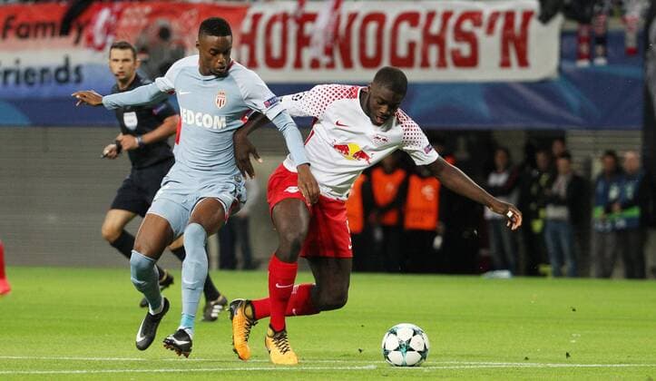 ger 1 FBL Champions League Fight Lawn ball sport Leipzig vs AS Monaco 13 09 17 Leipzig Red Bull Arena ger 1 FBL Season 2017 2018 Chamions League Fight 01 Matchday Lawn ball sport Leipzig vs AS Monaco in Picture Dayot Upamecano Leipzig against Adama Diakhaby Monaco