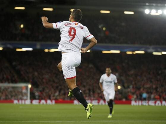 Wissam Ben Yedder of Sevilla celebrates scoring the first goal during the Champions League Group E match at the Anfield Stadium, Liverpool. Picture date 13th September 2017. Picture credit should read: Simon Bellis Sportimage EDITORIAL USE ONLY. No use with unauthorised audio, video, data, fixture lists, club league logos or live services. Online in-match use limited to 120 images, no video emulation. No use in betting, games or single club league player publications.