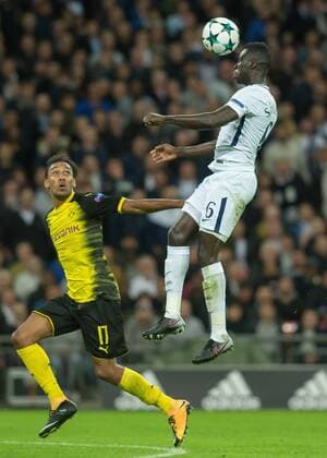 Davinson S‡nchez of Tottenham Hotspur battles with Pierre-Emerick Aubameyang of Borussia Dortmund during the UEFA Champions League group stage match between Tottenham Hotspur and Borussia Dortmund at Wembley Stadium, London, England on 13 September 2017. Copyright: xVincexMignottx 16640064