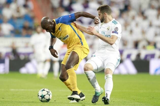 Real Madrid s Nacho Fernandez (r) and Apoel FC s Mickael Pote during Champions League Group H match 1. September 13,2017.  (20170913199)