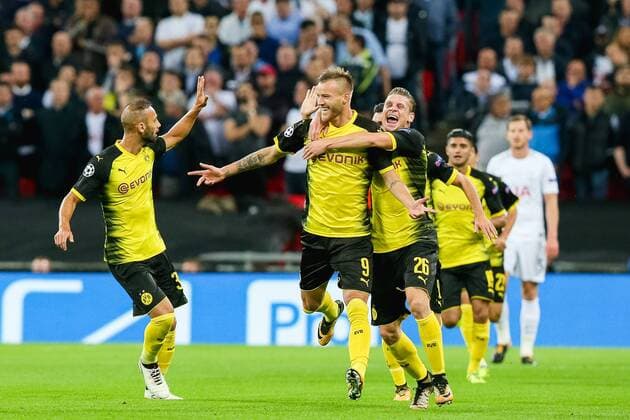 Andriy Yarmolenko (Dortmund), SEPTEMBER 13, 2017 - Football Soccer : Andriy Yarmolenko of Borussia Dortmund is congratulated by teammates as he scores a goal to make it 1-1 during the UEFA Champions League Group Stage match between Tottenham Hotspur and Borussia Dortmund at Wembley Stadium in London, England. Noxthirdxpartyxsales  (mdga017196)