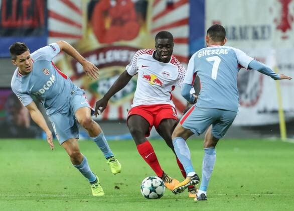 (170914) -- LEIPZIG, Sept. 14, 2017 -- RB Leipzig s Dayot Upamecano (C) breaks through during the first round of UEFA Champions League group match between RB Leipzig of Germany and AS Monaco of France, in Leipzig, Germany, on Sept. 13, 2017. The match ended in a 1-1 draw. ) (SP)GERMANY-LEIPZIG-SOCCER-UEFA-UCL-RB LEIPZIG VS AS MONACO ShanxYuqi 